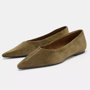ZARA Pointed Toe Suede Ballet Flats - Olive Green (Size 9)